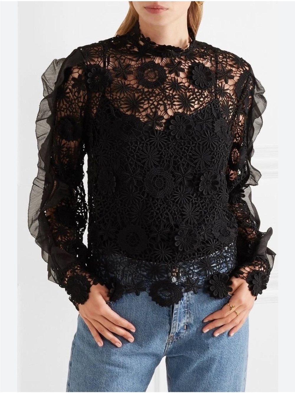 Self-Portrait Black Floral Crochet Ruffle Long-Sleeve Blouse